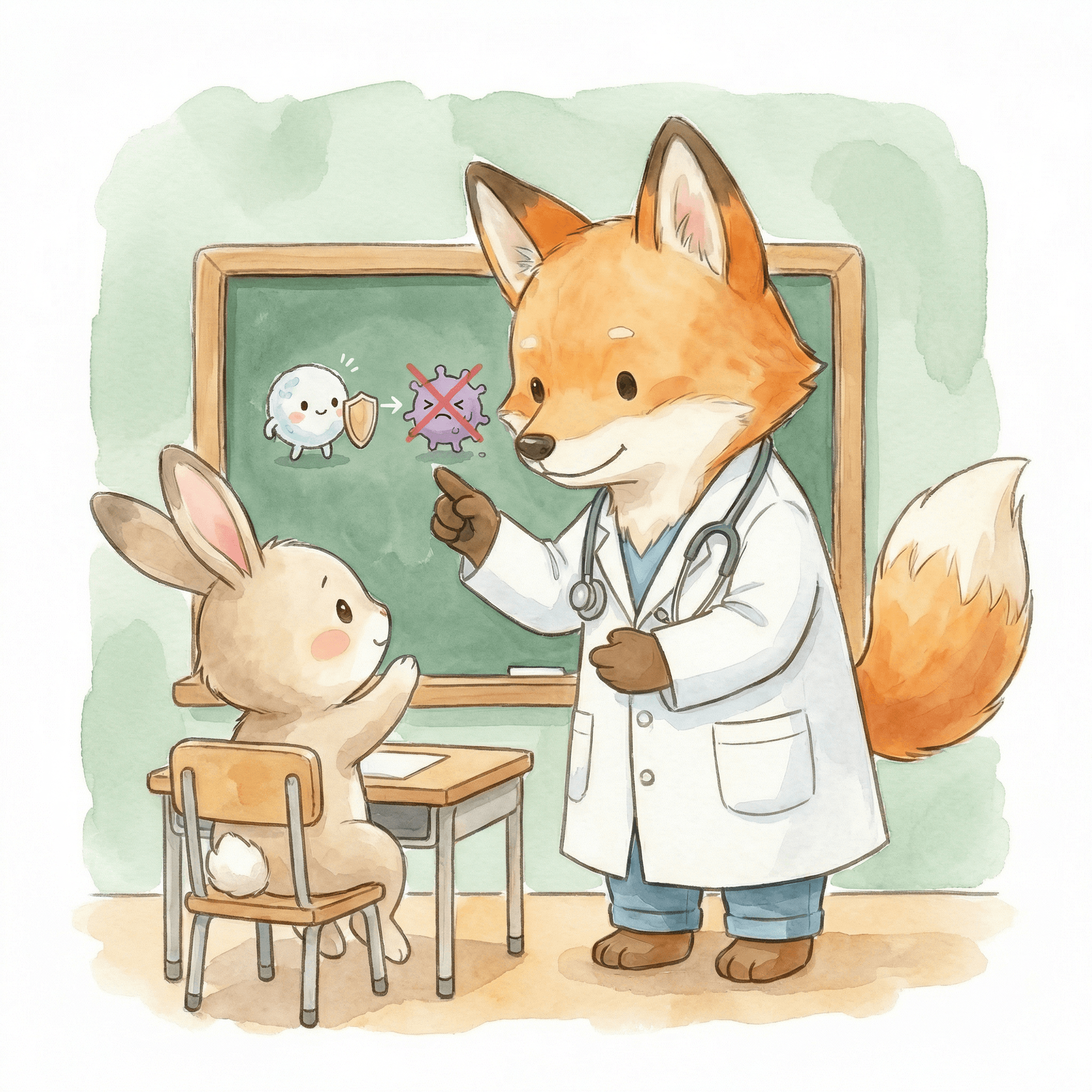 体の中で免疫細胞がウイルスと戦い方を練習しているイラスト